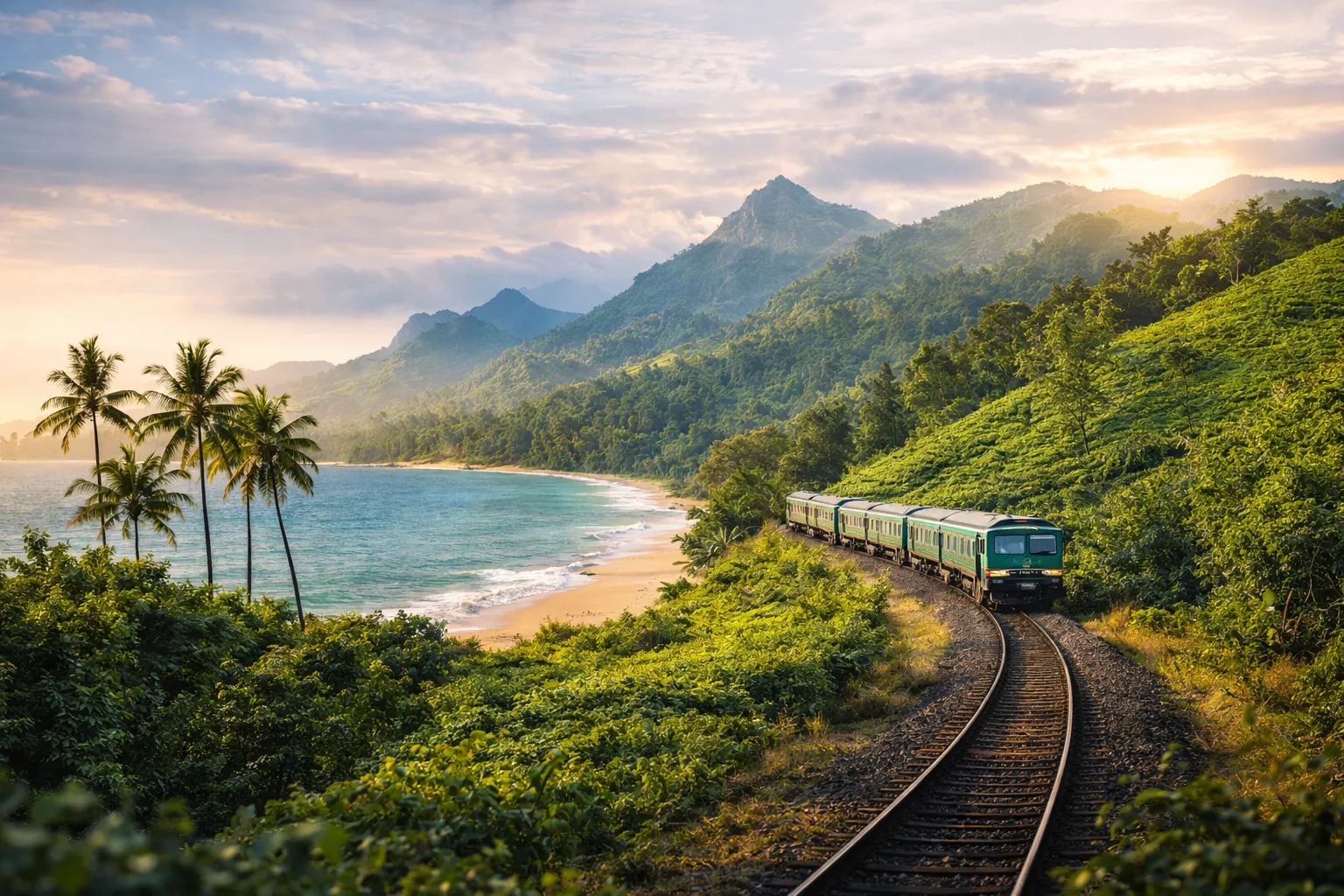 Scenic train journey along Sri Lanka’s coastline with ocean views and palm-lined beaches